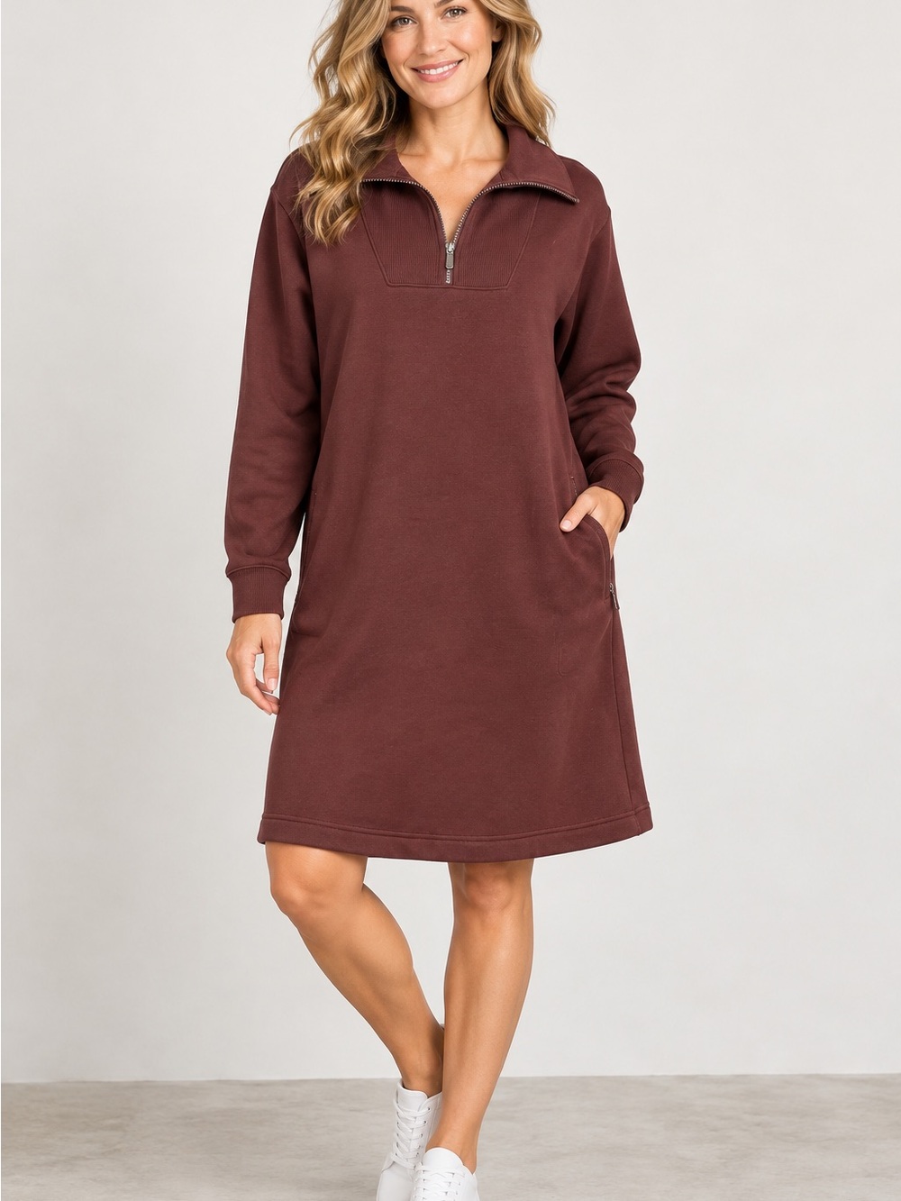Athleta Cozy Karma 1/2 Zip Long sleeve Dress Maroon Size LT Athletic Garnet